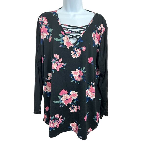 Eye Candy Black Floral Blouse Size 2X 3/4 Sheer Sleeve Top V-Neck - Picture 5 of 5